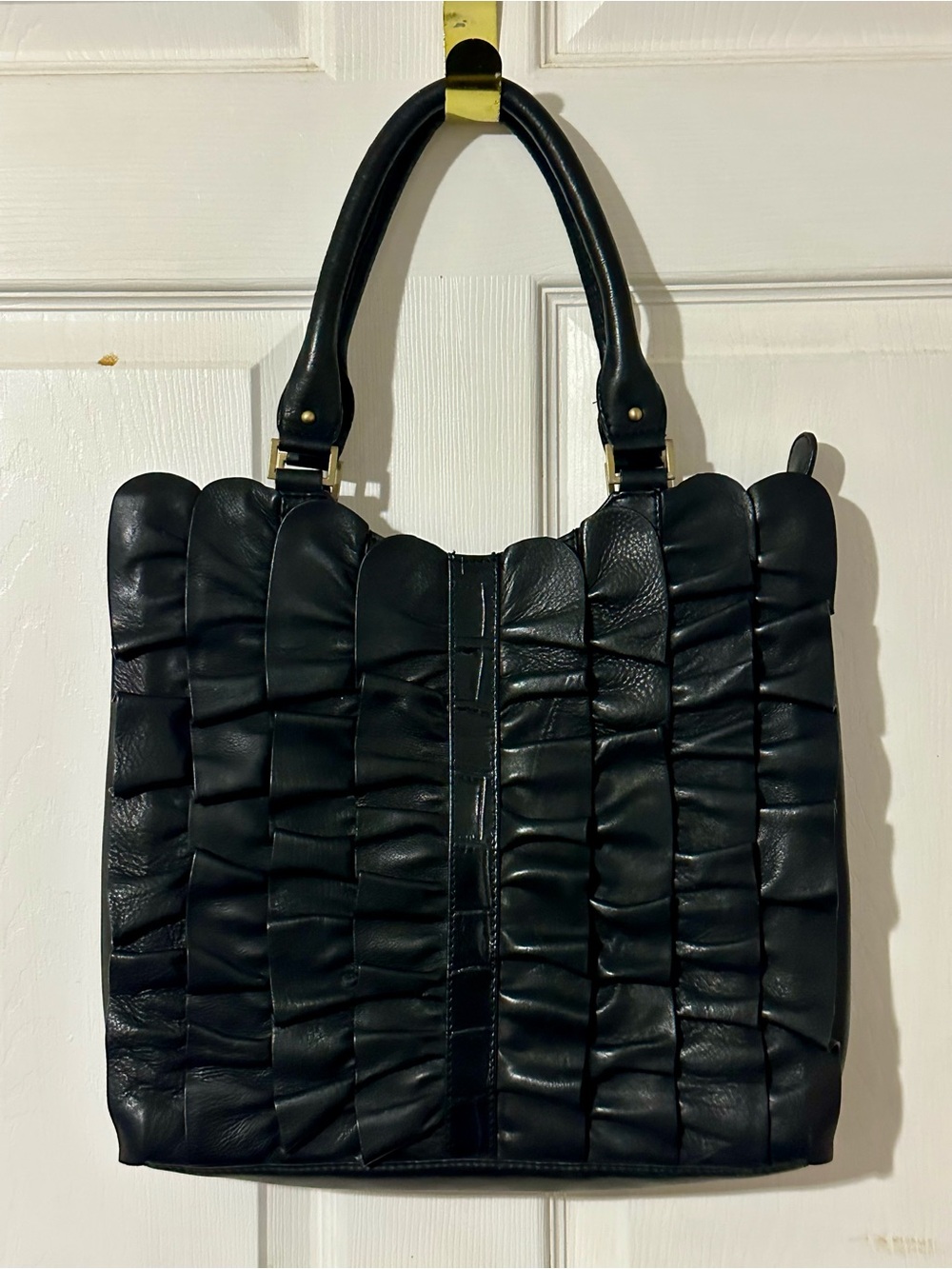 Michael Rome Black Ruffled Leather Tote